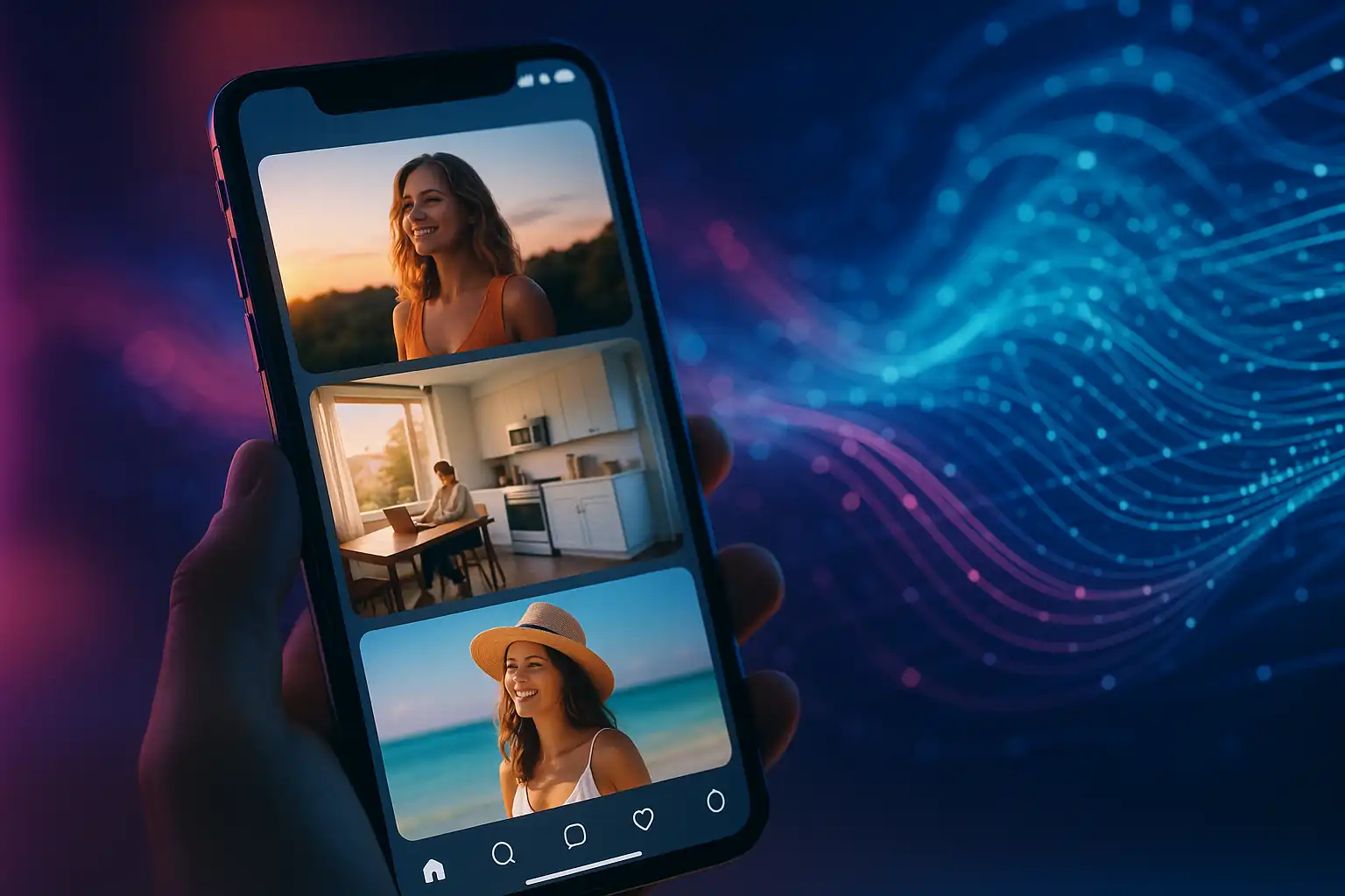 Smartfon trzymany w dłoni z wyświetlonym feedem Instagrama, na tle futurystycznych świetlistych linii symbolizujących działanie algorytmu w 2025 roku