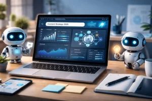 Nowoczesne stanowisko pracy z analizą strategii contentowej pod Google, AI Overview i modele językowe w 2026 roku