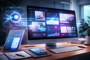 Fotorealistyczny interfejs generatywny tworzony przez AI na ekranie komputera w nowoczesnym biurze